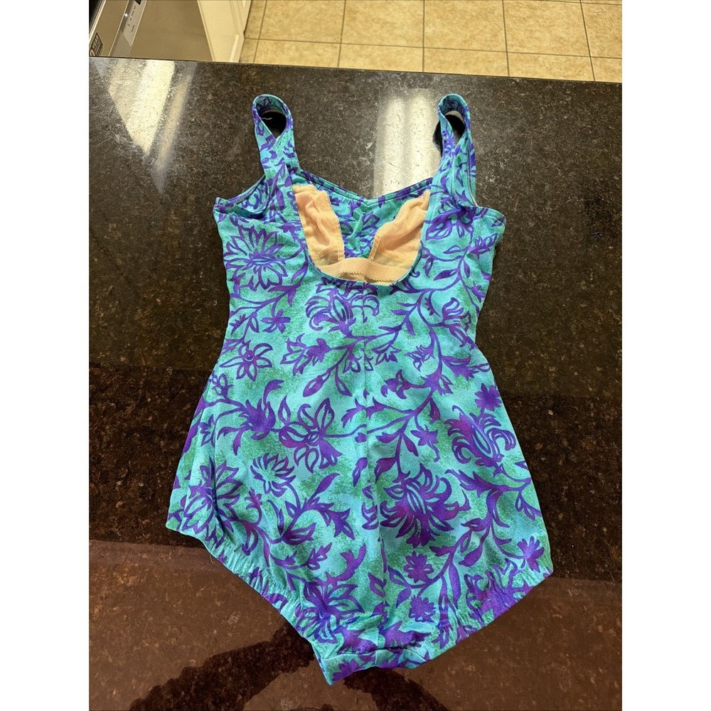 Maxine Of Hollywood Swimsuit One Piece Ruched Slimming Sz 6/8 Blue Floral Modest - Picture 5 of 12
